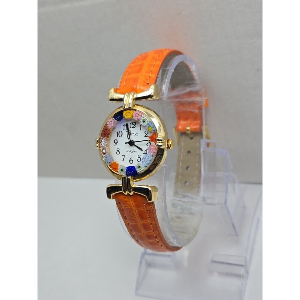 Venice Art Glass Murano Millefiori Gold Tone Orange Round Wristwatch New Battery - Picture 2 of 12